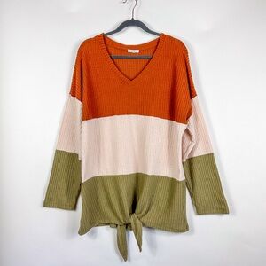 Chic Soul Waffle Knit Color Block Knot Front Long Sleeve Blouse
